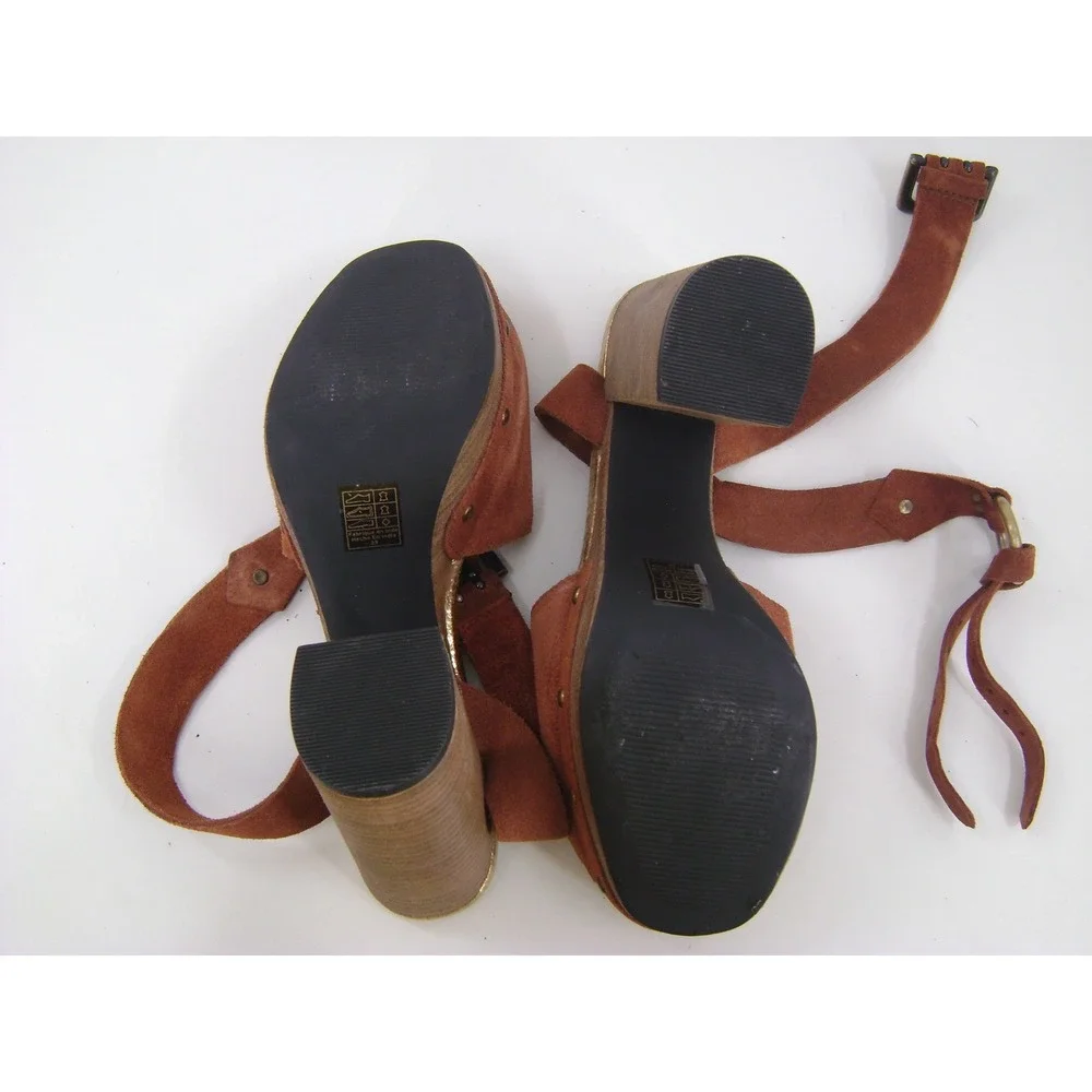 Free People Suede‎ Platform Sandals Rust Brown Gold Metallic Block Heel Size 39